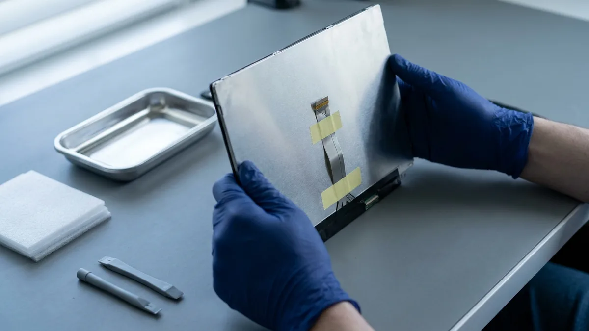 Two hands in blue nitrile gloves hold a bare replacement laptop display panel upright by its edges, its face turned away so only the plain silver rear shell and the flat ribbon cable taped down the middle of it are visible, on a grey bench with an empty steel tray, a stack of white foam sheets and two plastic pry tools.