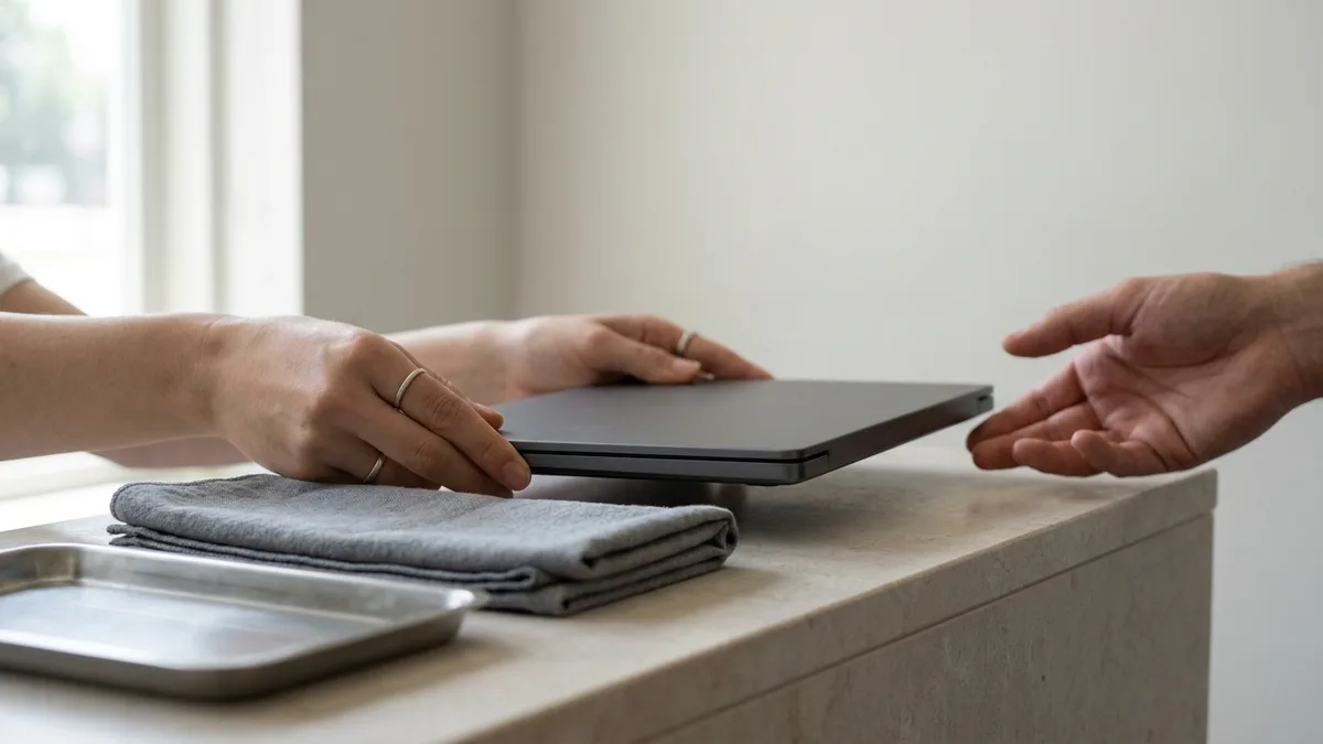 Two hands set a closed slim dark grey laptop down flat on a pale stone counter beside a folded grey cloth and an empty stainless steel tray, with a second person's open hand reaching in from the right to take it.