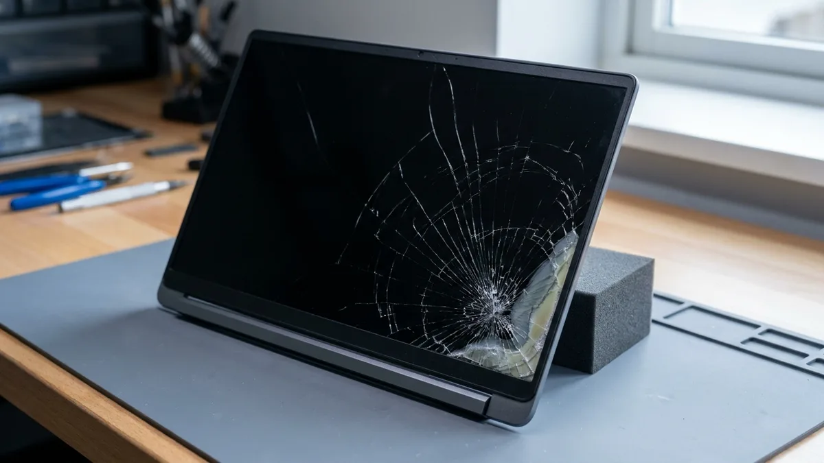A detached laptop lid stands upright on a grey bench mat, propped by a foam block, its display completely dark and switched off, with a wide spider-web of impact cracking spreading across the glass from one struck point and a pale cloudy patch beside it where the layers behind the glass have separated.