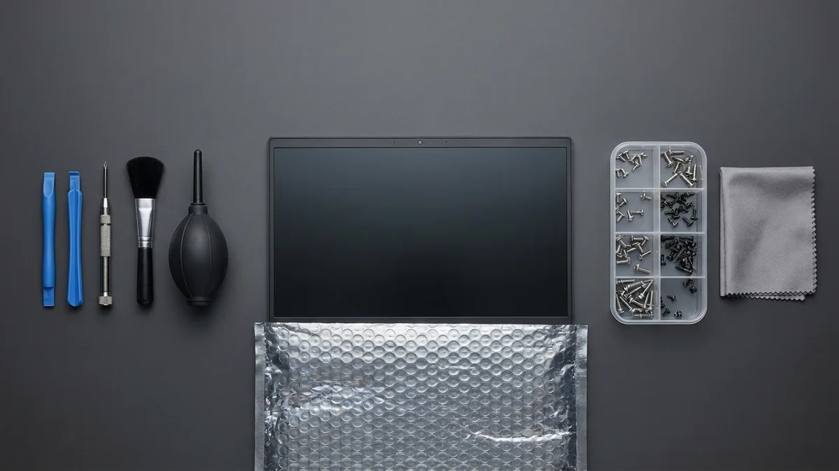 A flat overhead view of a service bench laid out for one job: a bare replacement laptop display panel, dark and switched off, sitting half out of a silver bubble-wrap anti-static bag in the centre; two blue plastic pry tools, a precision screwdriver, a soft brush and a rubber dust blower in a row to the left; a clear compartment tray of sorted screws and a folded grey microfibre cloth to the right.