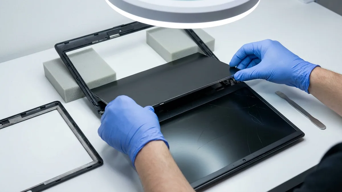 Two blue-gloved hands lower a new dark laptop display panel into an opened laptop lid resting on foam blocks under a ring light, the removed plastic bezel standing empty to the left and the old cracked panel lying face up in front, with a plain metal spudger on the white bench.