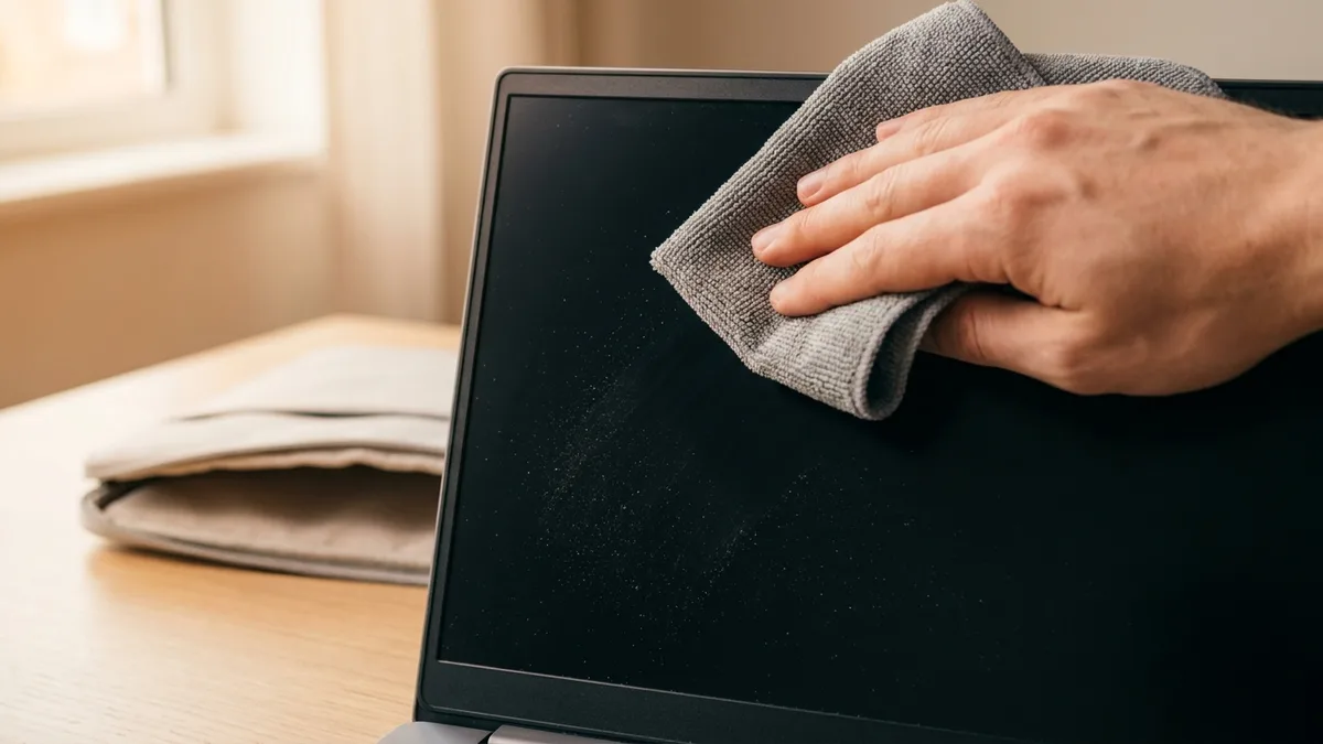 A bare hand draws a folded grey microfibre cloth across a laptop screen that is completely dark and switched off, fine dust still visible on the glass ahead of the cloth, with a padded fabric sleeve lying open on the wooden desk behind and a bright window to the left.