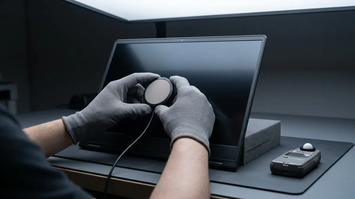 Two hands in grey anti-static gloves hold a plain unbranded colour-calibration puck in front of a freshly fitted laptop screen that is switched off and completely dark, its cable hanging down over the bezel, with a small plain light meter with a blank display lying on the dark bench beside it.