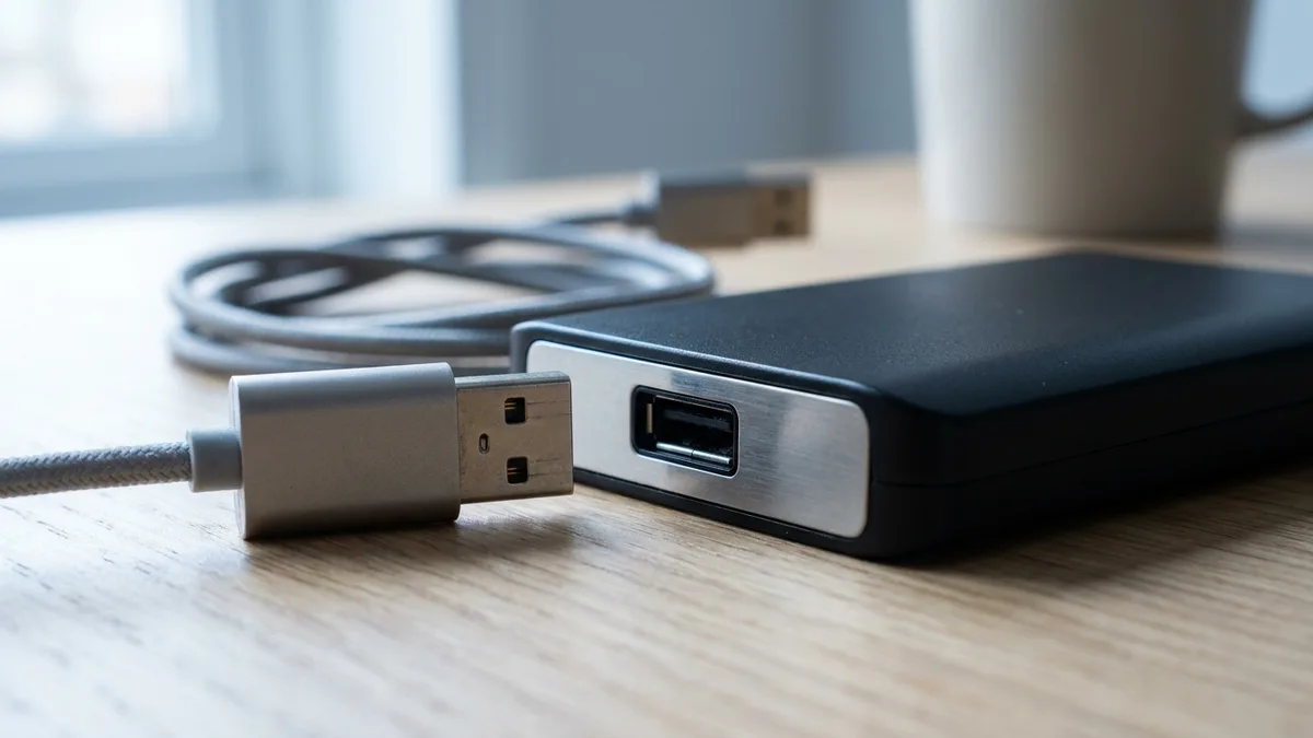 Palam kabel USB polos di atas meja menghala ke soket pada kandang pemacu luaran kecil