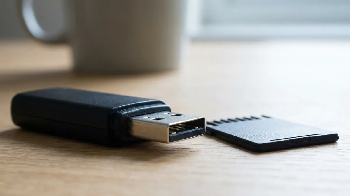 Pemacu kilat USB hitam polos terletak di sebelah kad memori polos di atas meja kayu