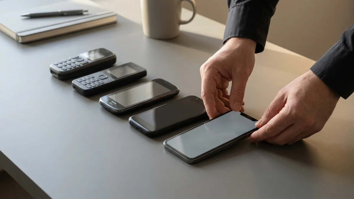 Five generations of mobile handset laid out in order along a desk, from a keypad bar phone through to a modern glass slab.