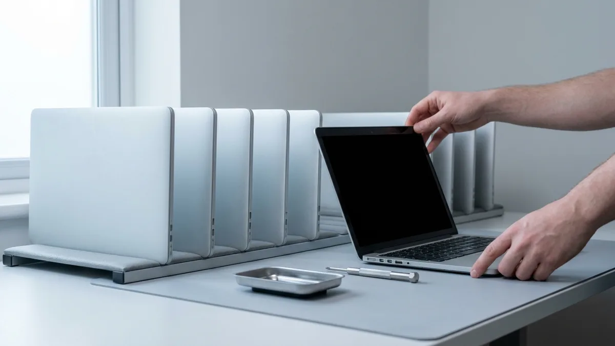 A row of closed laptops stands upright in a bench rack while a technician's hands lift one out and hold it open on the bench, its screen dark, beside a small metal parts tray and a screwdriver.