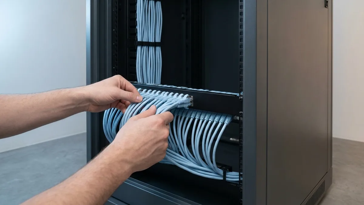 Hands seat a bundle of network patch cables into a patch panel inside an open floor-standing cabinet, the cables dressed in neat parallel runs down a vertical cable manager.