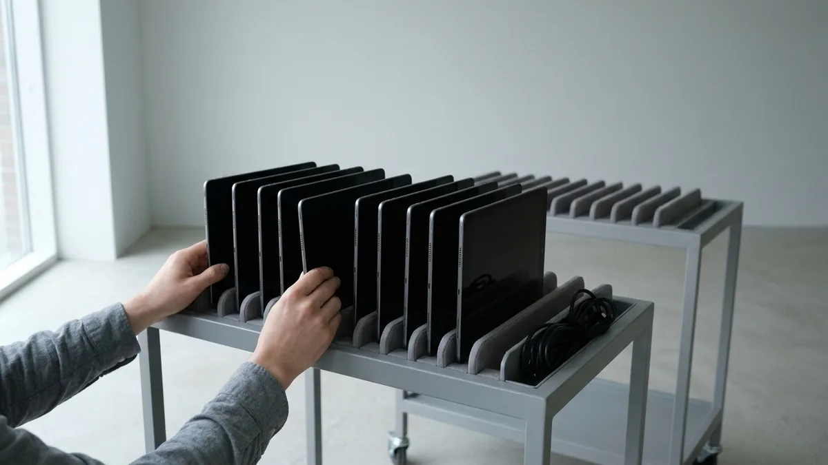 A mobile charging trolley holds a class set of tablets upright in padded slots, screens dark, as two hands slide one back into place, with a coiled black cable on the shelf beside them.