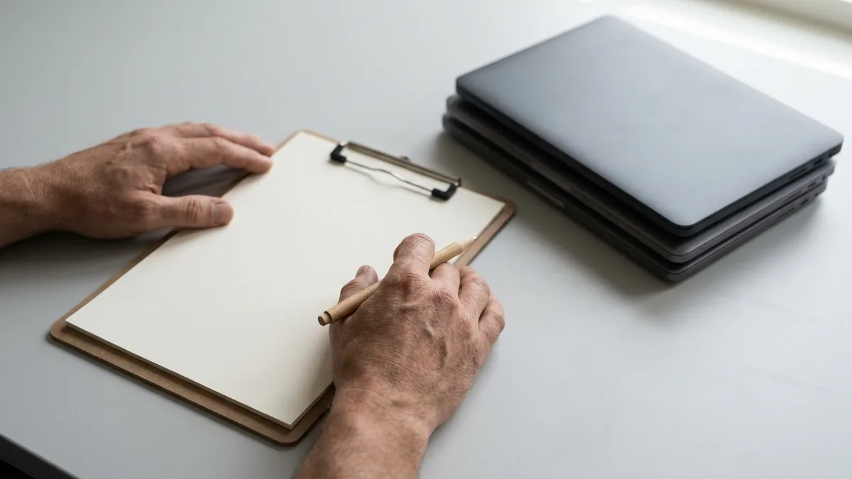 Two hands rest a wooden clipboard holding a blank sheet on a white desk beside a low stack of closed laptops, one hand holding a pencil to the page.