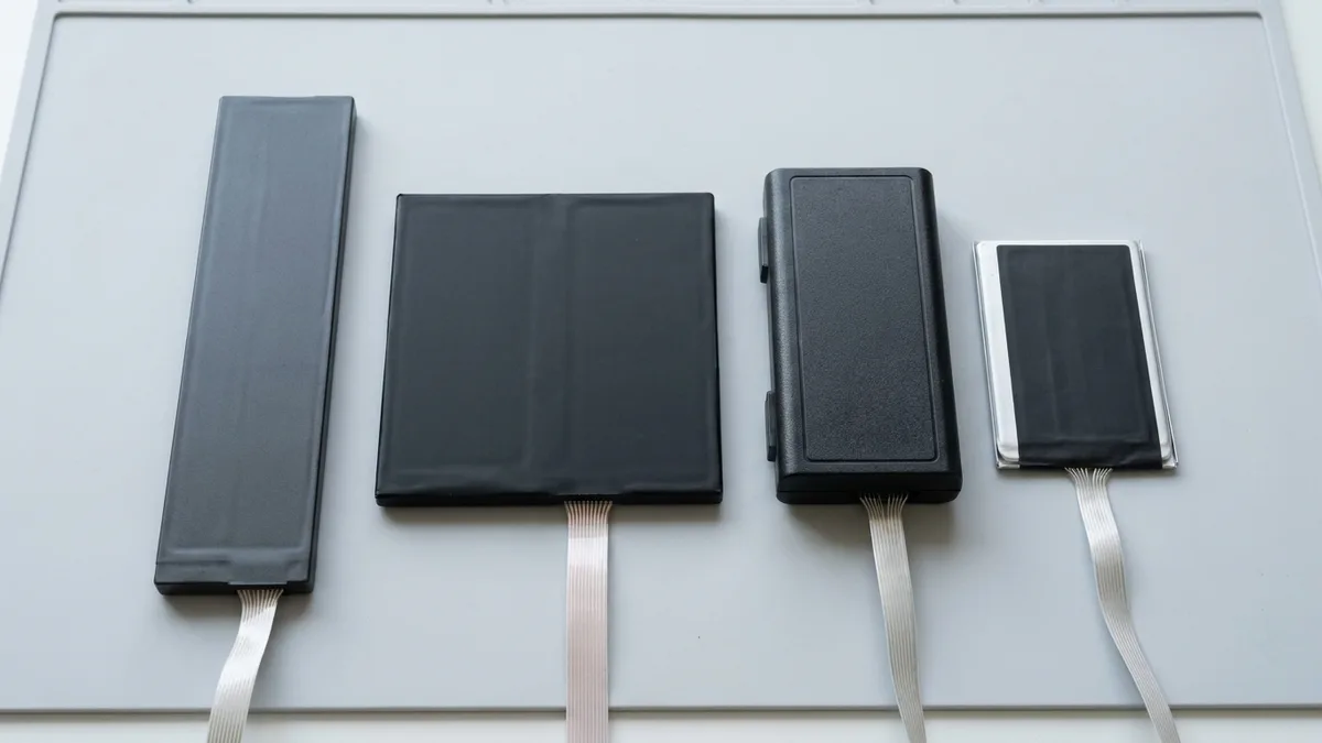 Four laptop battery packs of clearly different footprints lie side by side on a pale grey bench mat — one long and narrow, one wide and square, one shorter and noticeably thicker, one very thin — each with a pale flat ribbon lead trailing from its edge.