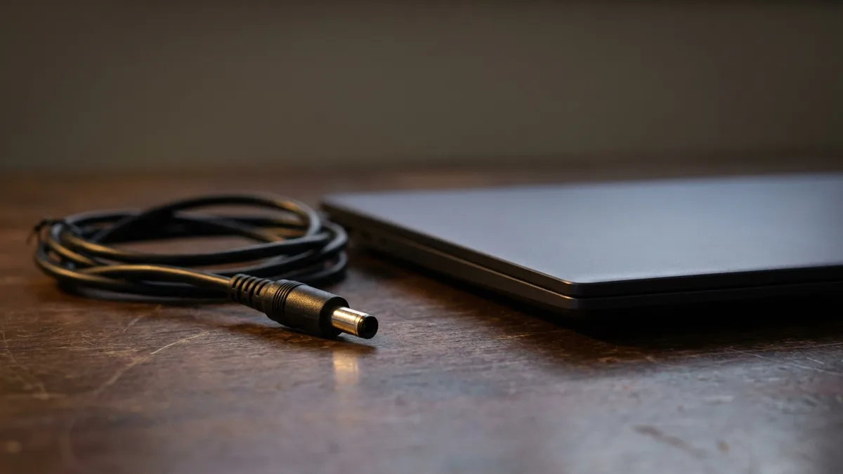 A black barrel charger plug and its loosely coiled cable lie disconnected on a dark wooden desk beside a thin closed laptop, the plug's bare metal tip catching the light and pointing away from the machine.