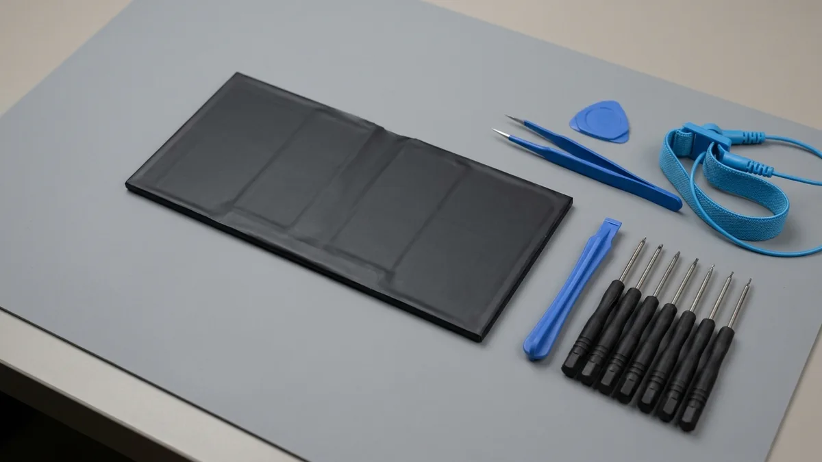 A flat black replacement battery pack on a grey bench mat beside the tools used to fit it: a row of seven small precision screwdrivers, a blue plastic pry tool, a blue opening pick, plastic tweezers and a coiled blue antistatic wrist strap.