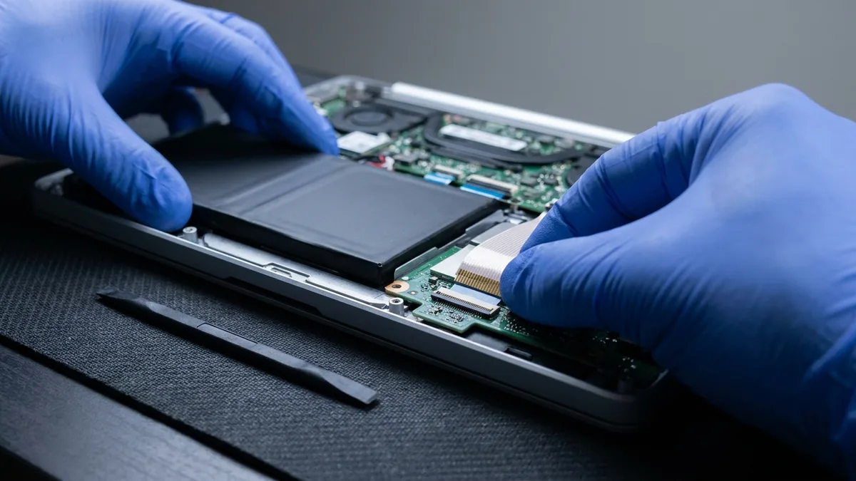 Two blue-gloved hands work inside the opened base of a thin laptop, one steadying the battery pack in its shallow bay while the other guides a pale flat ribbon lead into a fine-pitch connector on the small green board below.