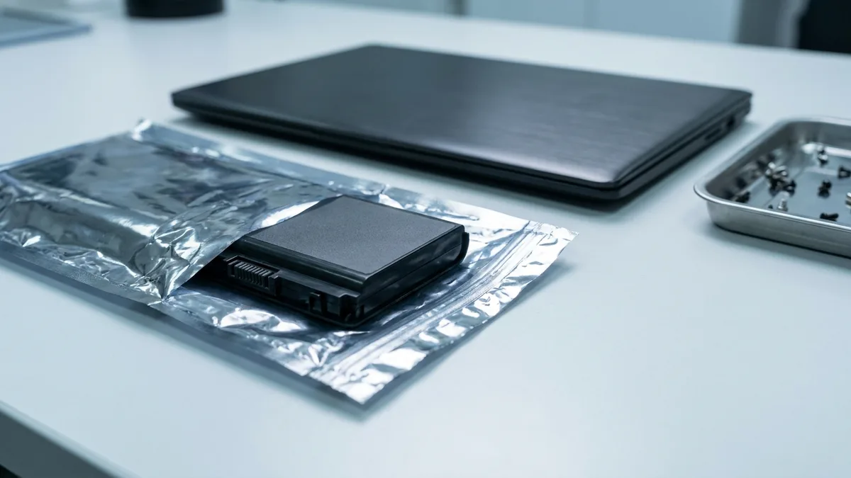 A black replacement battery pack slides half out of a plain silver antistatic bag on a pale service counter, with a closed dark laptop resting behind it and a small metal tray of loose screws to one side.