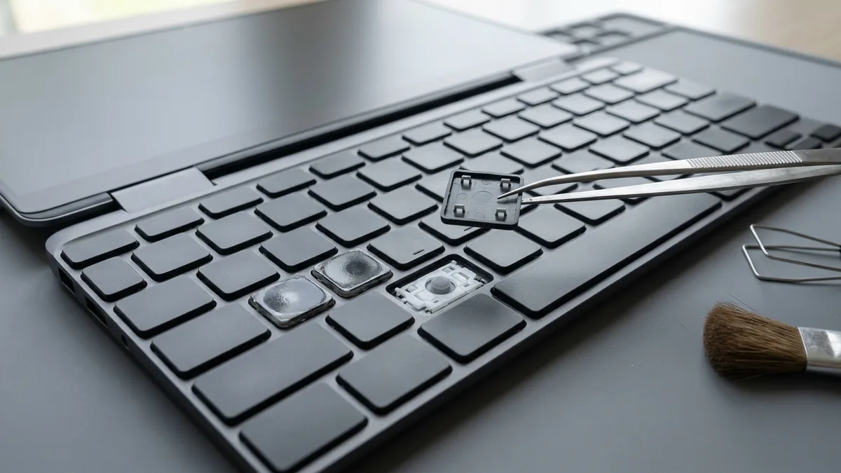 One blank keycap lifted off a laptop keyboard in fine tweezers, the four clips on its underside showing and the white scissor hinge and rubber dome exposed in the empty recess below, with two neighbouring keycaps polished shiny from heavy use.