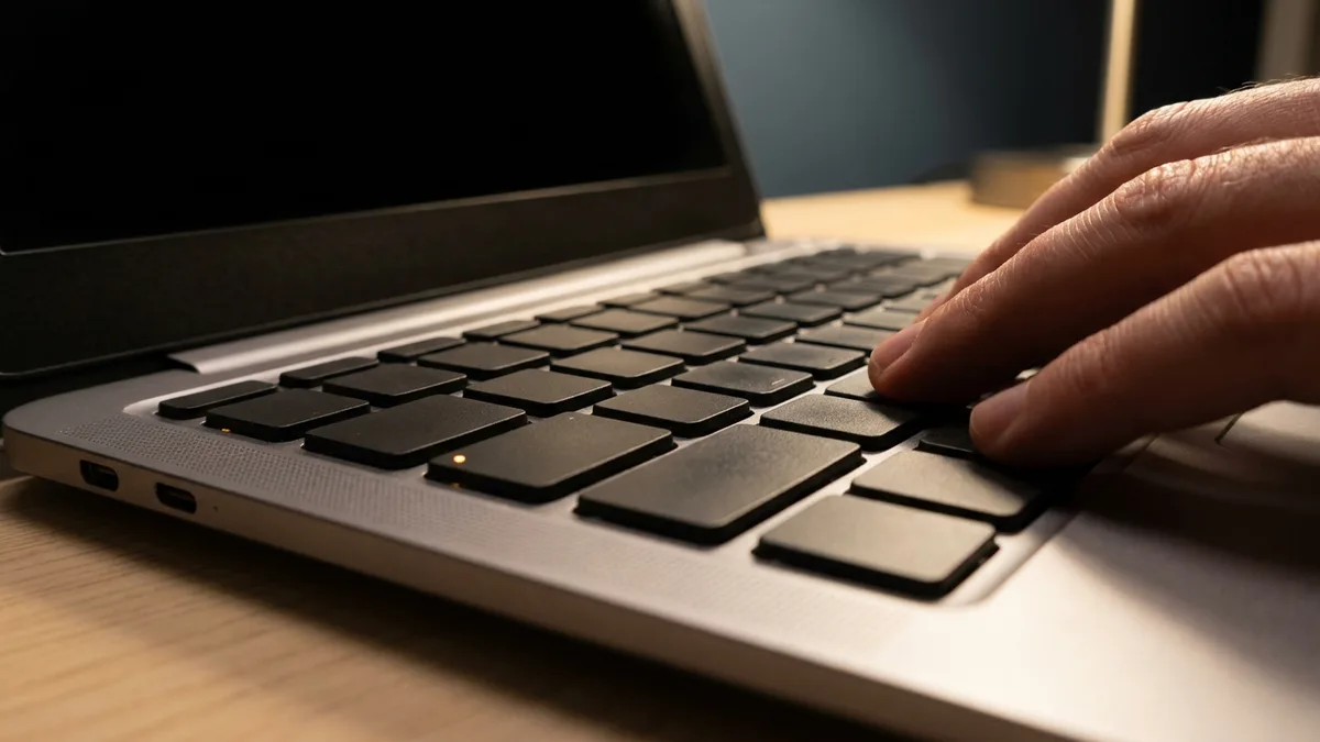 Fingertips resting on the blank keys of an open laptop, two keys showing small amber indicator lights
