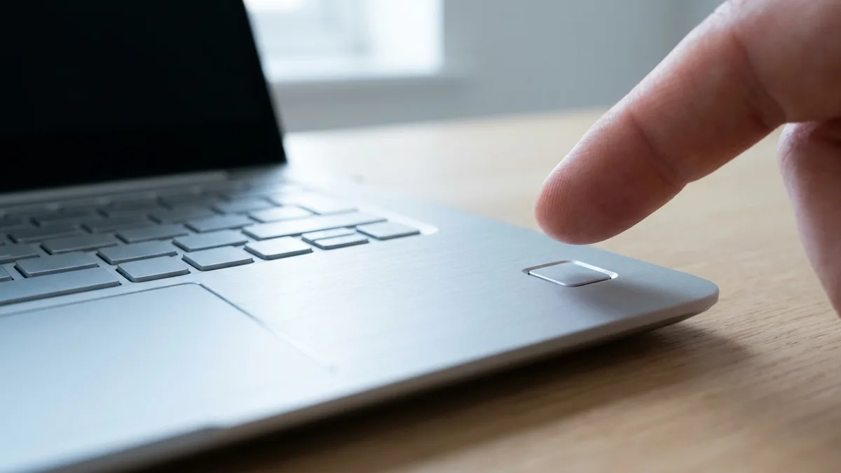 A fingertip hovering over the small recessed button at the top right of a laptop keyboard deck