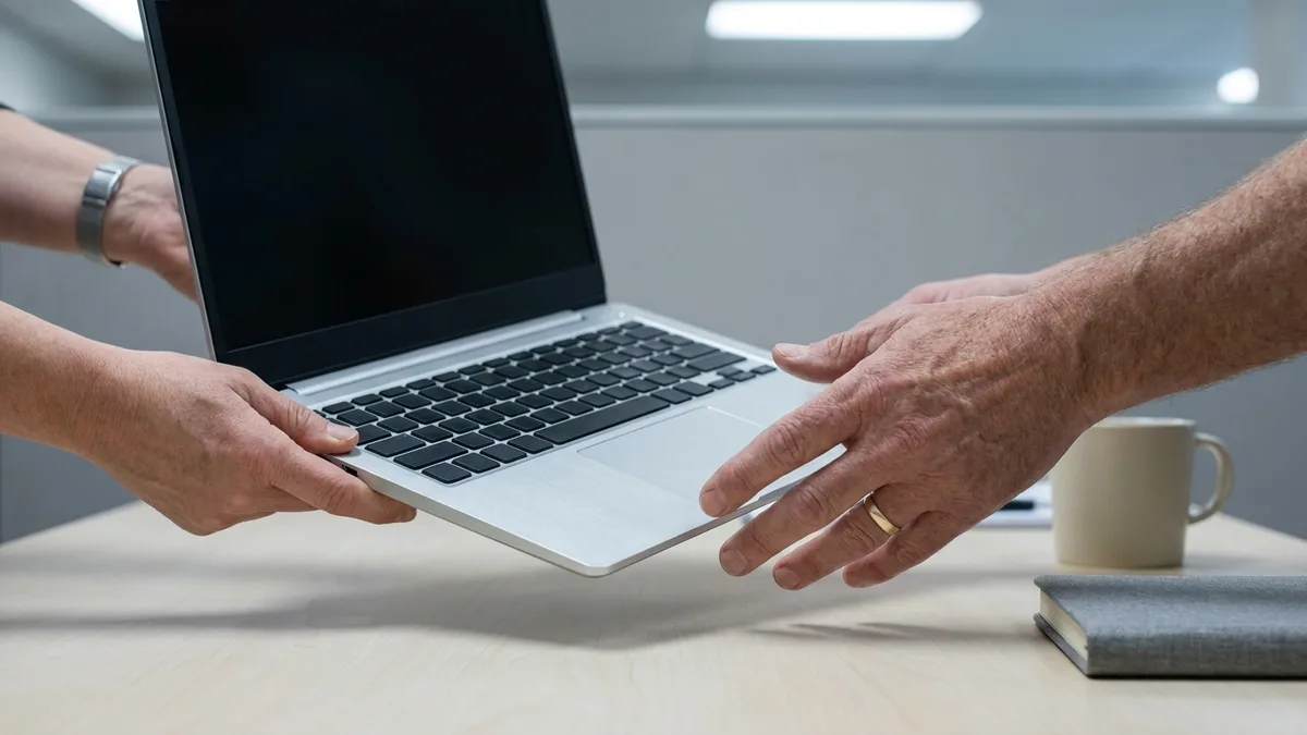 One pair of hands sliding an open laptop across a desk towards another pair reaching for it