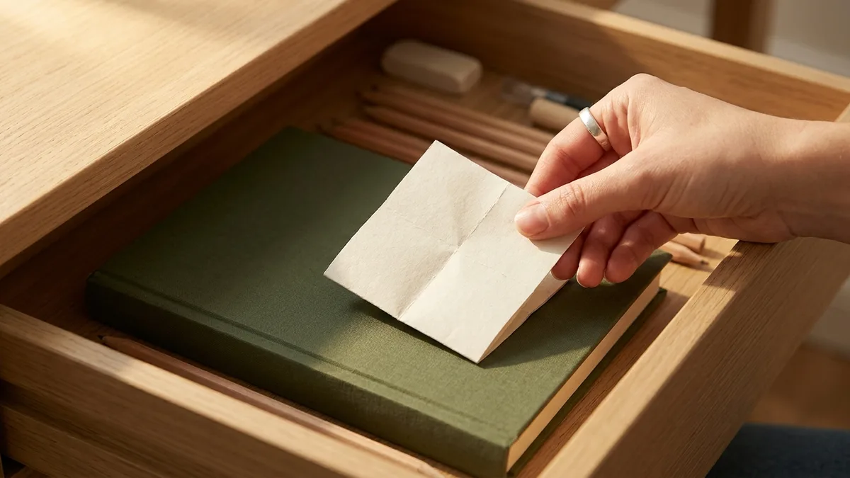 A hand lifting a folded blank slip of paper from an open desk drawer, above a plain green notebook