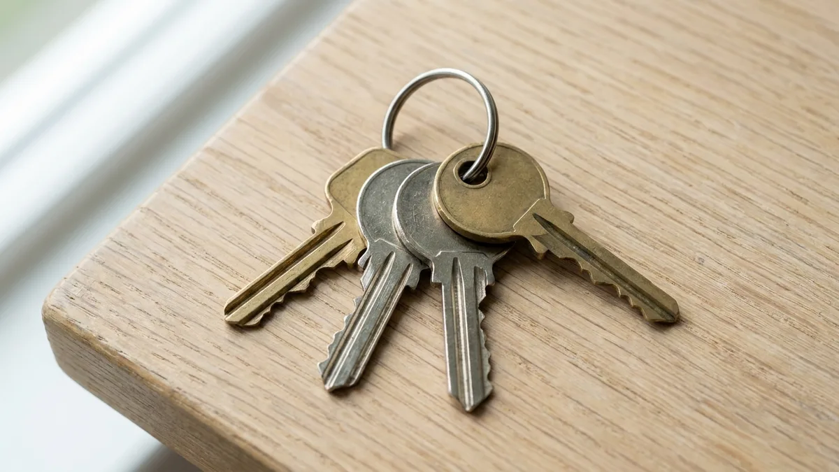 Four plain unmarked keys on a metal keyring lying on the corner of a pale wooden desk