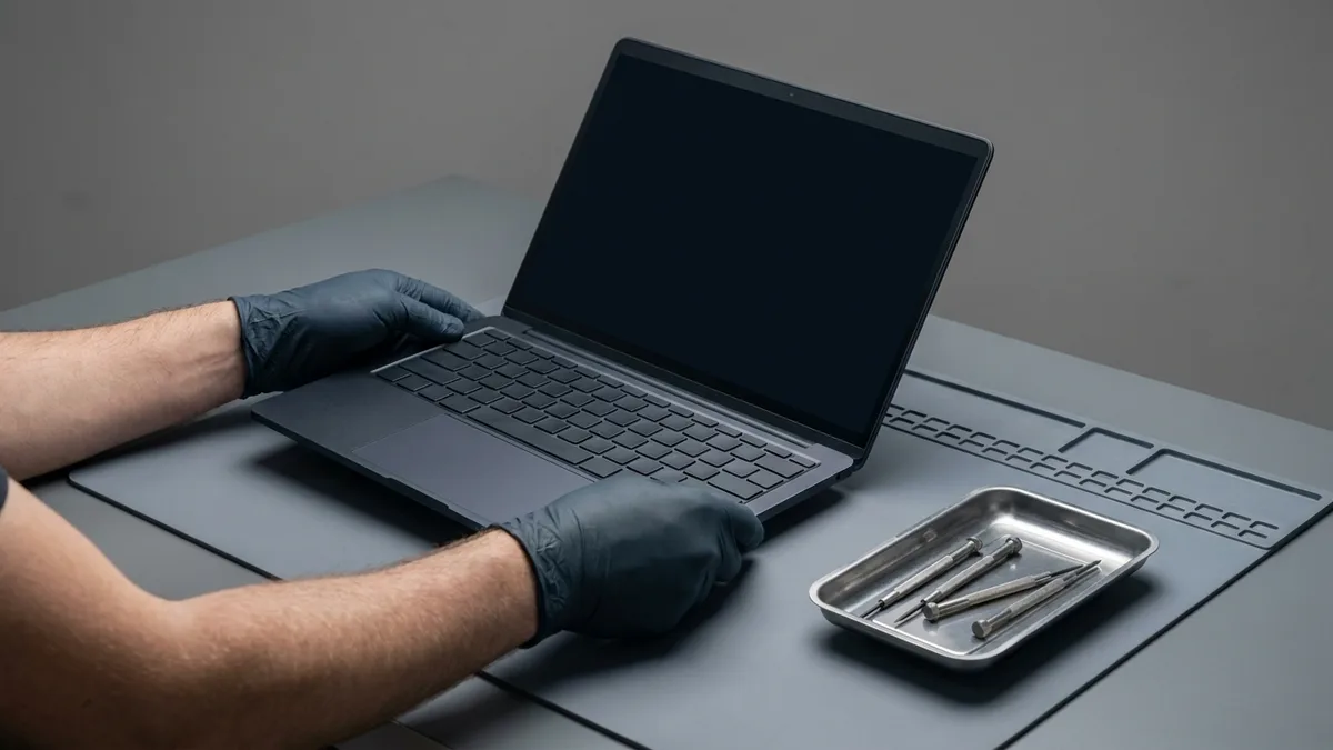 A technician's gloved hands steadying an open laptop with a dark screen on a grey bench mat