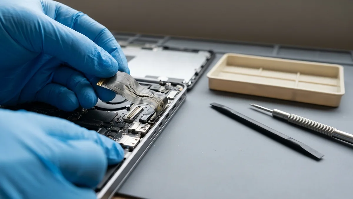 Gloved technician lifting a creased display flex cable off its connector inside an opened laptop