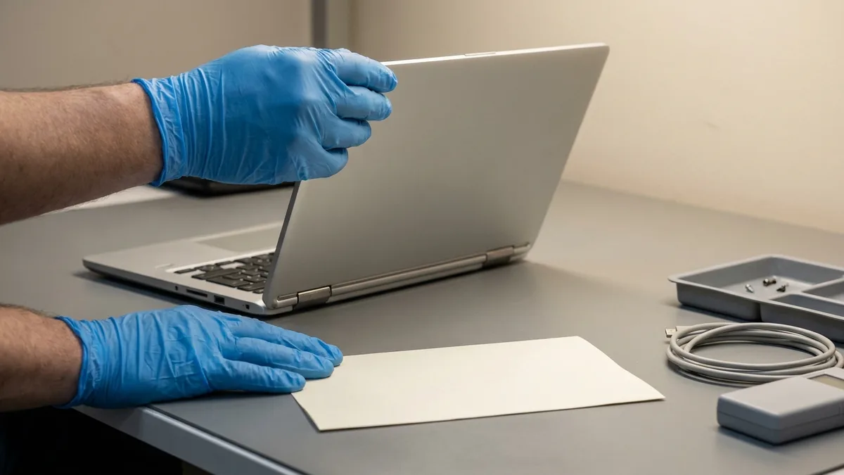Gloved technician setting an opened laptop onto a repair bench beside a blank service docket
