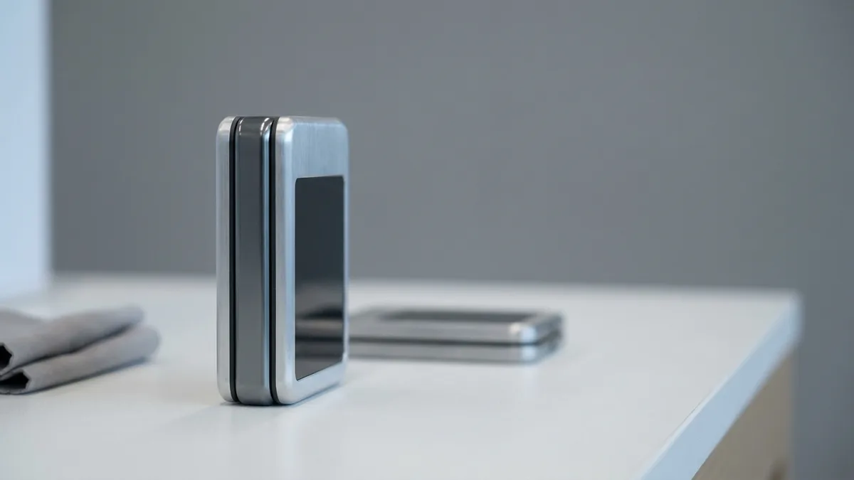 Two closed clamshell folding phones on a shop counter, the nearer one standing on edge with its seam shut flat