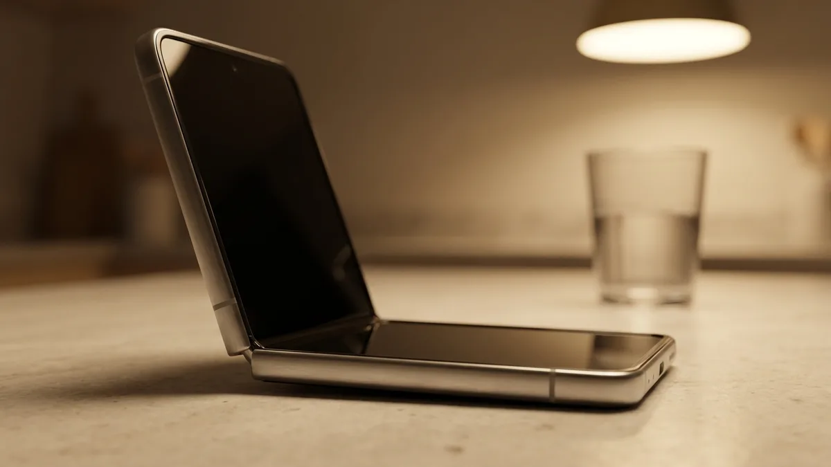 A clamshell folding phone standing unaided at ninety degrees on a worktop, both screens dark