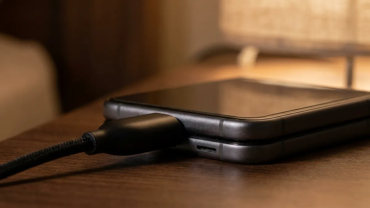 Macro of a charging cable plugged into the bottom edge of a closed clamshell folding phone at night