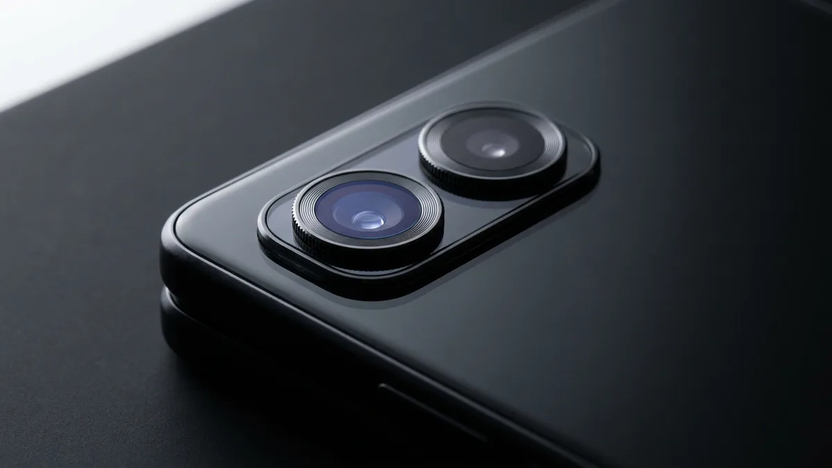 Macro of the two rear camera rings on the outer half of a closed clamshell folding phone