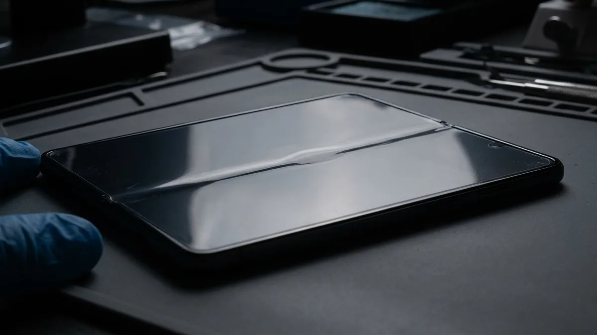 Raking light across the dark inner display of an open folding phone, showing the crease as a shallow valley