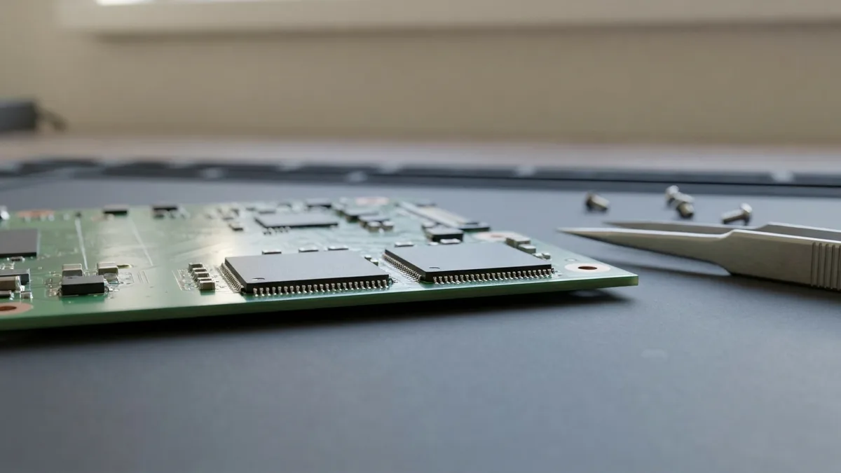Two flat memory chips soldered directly onto a green laptop mainboard seen at a low angle, with tweezers and three screws on the mat beside it