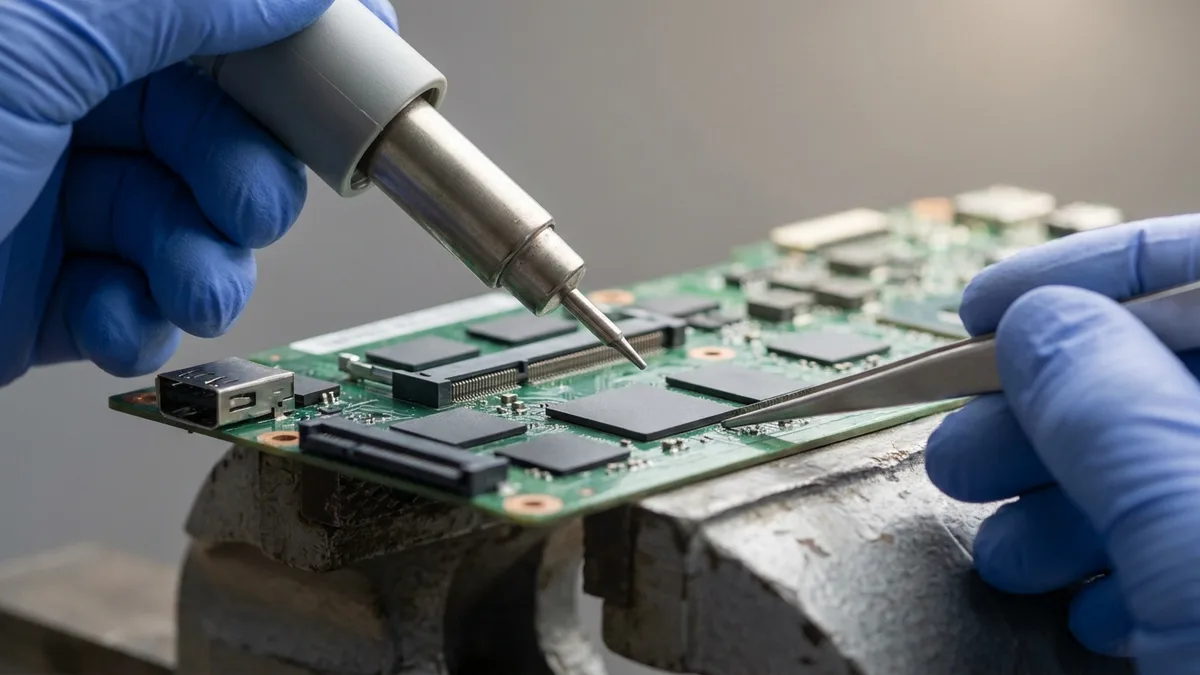 Blue-gloved hands holding a hot-air nozzle over a single memory chip on a green board clamped in a bench vice, with tweezers ready in the other hand