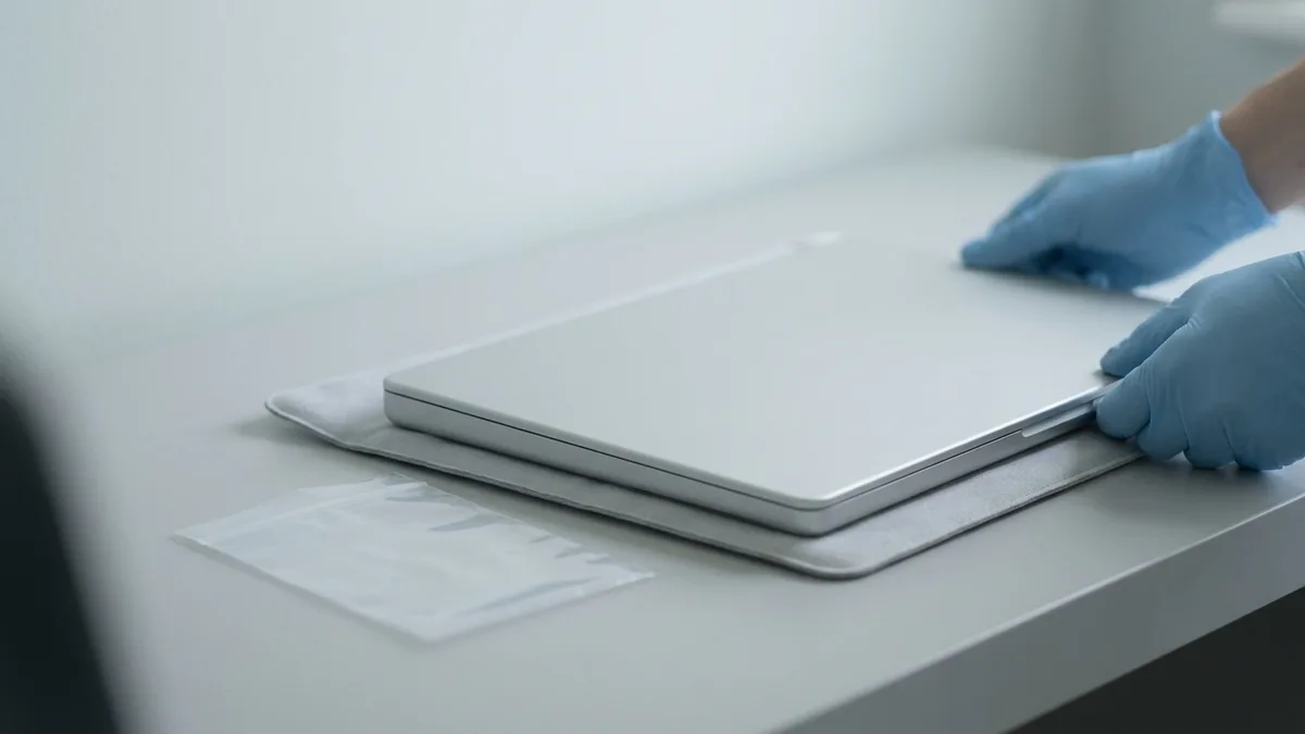 Blue-gloved hands setting a closed silver laptop down on a soft cloth on a white counter, a small clear zip bag with a blank white write-on panel lying beside it