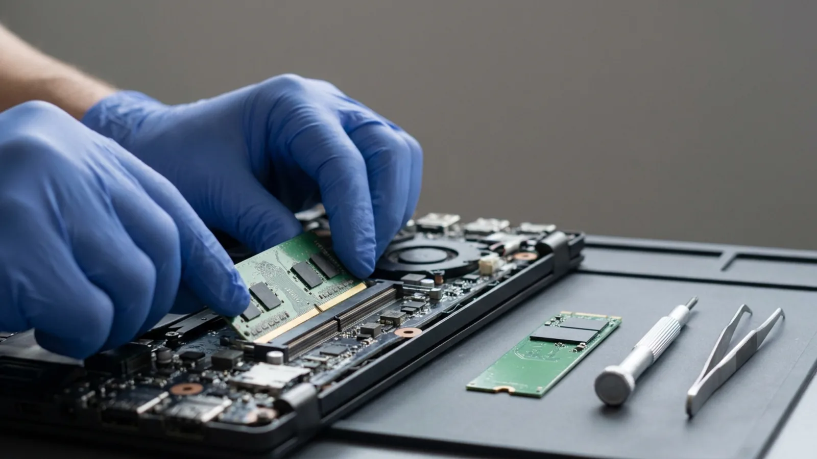 A technician seating a laptop memory module into its slot, with an M.2 SSD on the mat beside it
