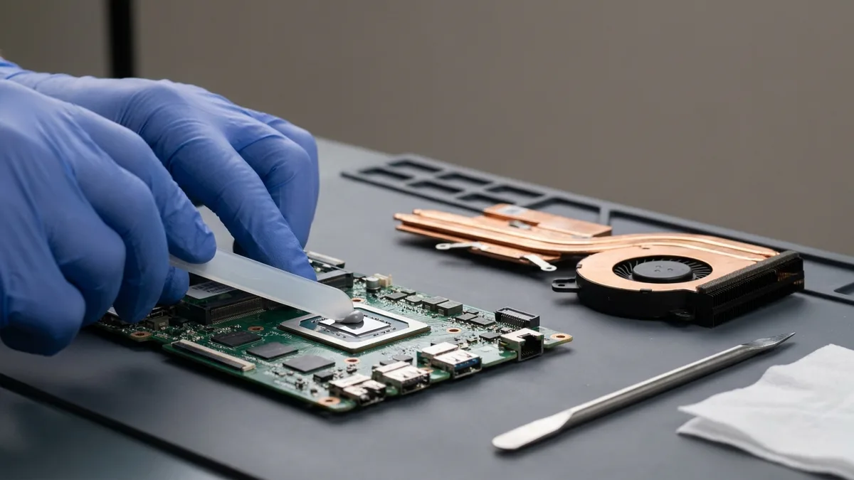 Gloved hands spreading fresh thermal paste on a laptop processor die, the copper heat pipe and fan lifted off beside it
