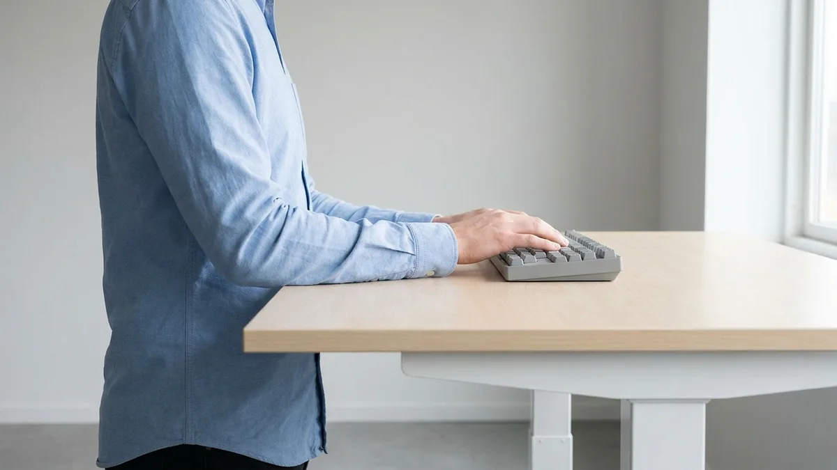 Side view of a person at a height-adjustable desk, elbow bent to a right angle and forearm parallel to the desktop