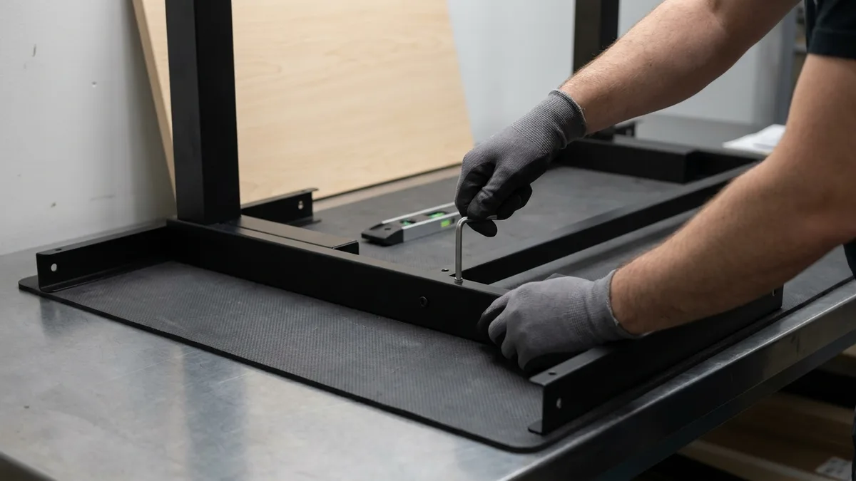 Gloved hands levelling and tightening the frame of a height-adjustable standing desk with a hex key and a spirit level