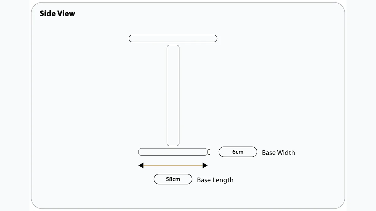 Side-view drawing of the Vival standing desk showing its foot at 58 cm long and 6 cm wide