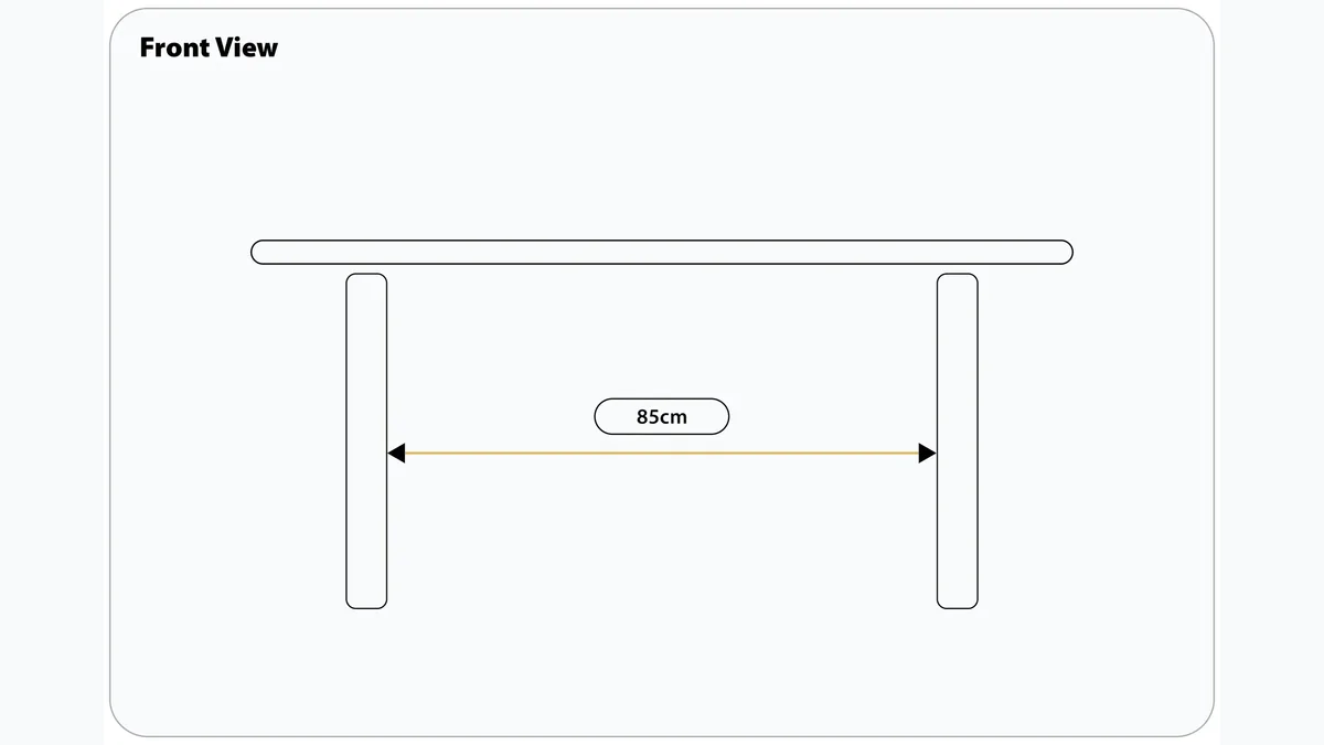Front-view drawing of the Vival standing desk showing 85 cm of clear space between its two legs