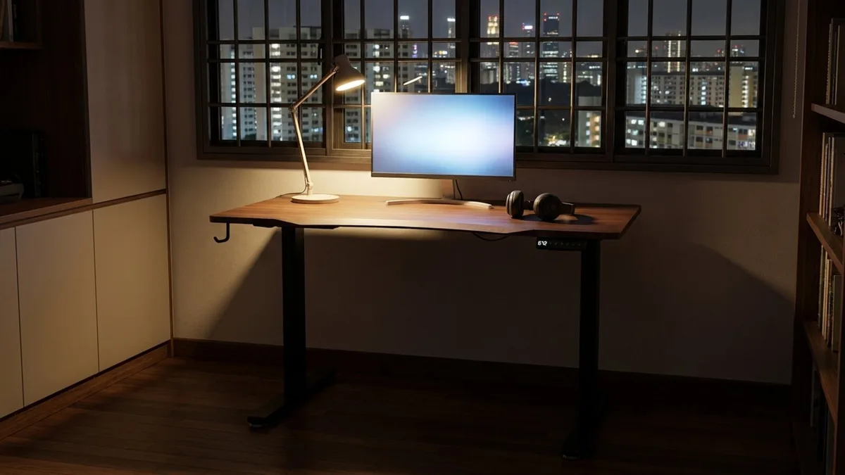 A Vival standing desk in a Singapore HDB flat at night, with a lit desk lamp, a monitor and headphones on the walnut top, its height controller and digital readout visible under the front edge, and lit HDB blocks through the window grilles