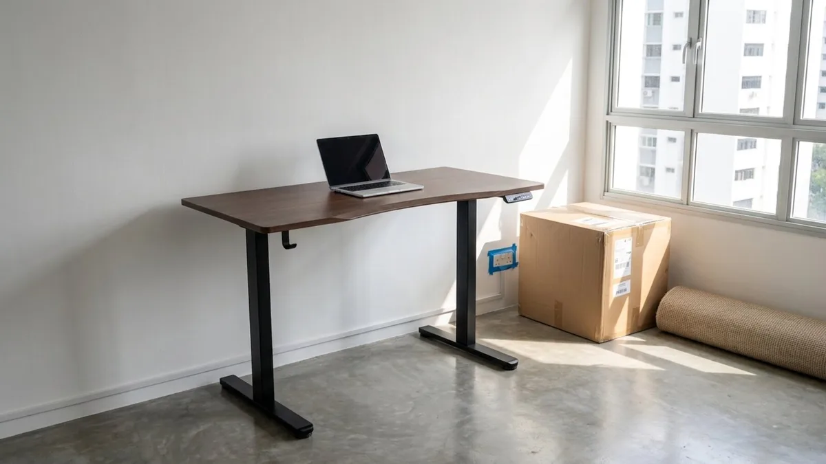 The same Vival desk in a bare, sunlit Singapore flat still being moved into, with a laptop on the walnut top, a sealed cardboard box and a rolled rug beside it and an HDB block through the window