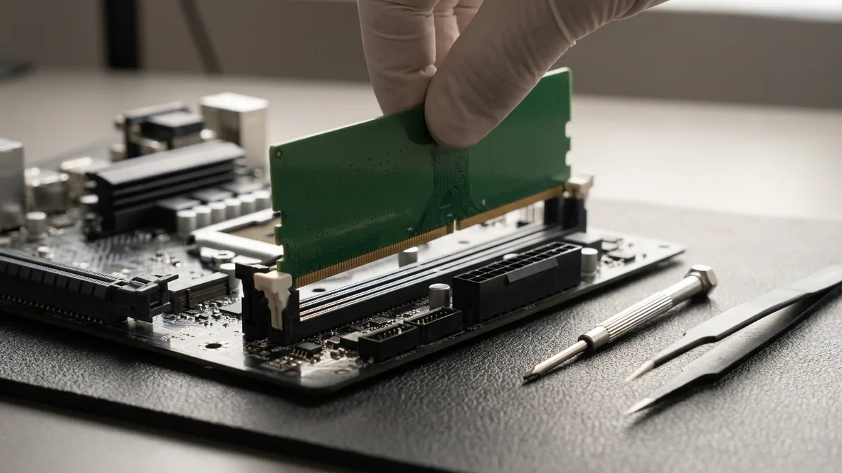 A gloved hand holding a memory module over an open slot on a desktop motherboard, the slot clips released, with a screwdriver and tweezers on the mat beside it