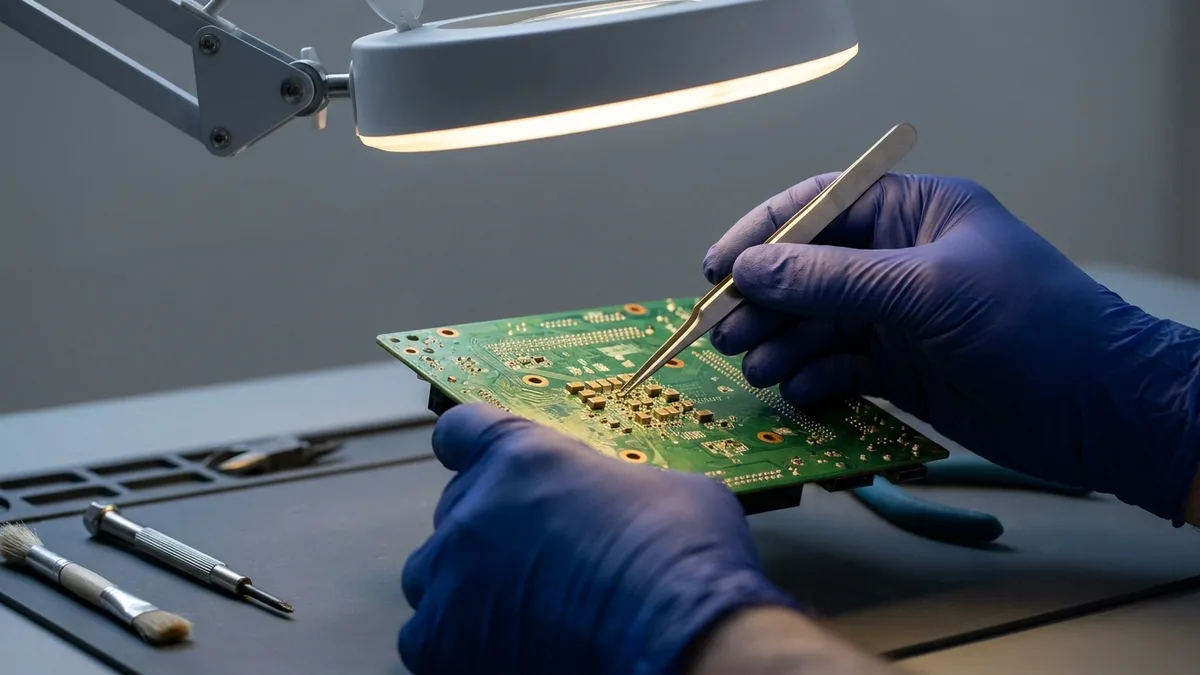 Blue-gloved hands using tweezers on a green circuit board under a lit ring lamp, with a soft brush and a screwdriver on the mat