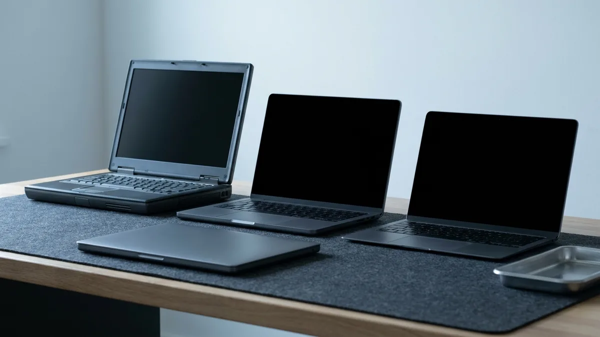 Three open laptops of different sizes and eras stand in a row on a service bench — a thick older machine, a mid-size one and a thin ultraportable — every screen switched off and black, with a fourth lying closed in front of them.