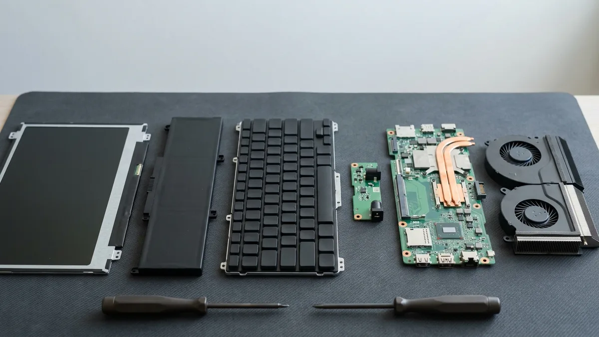 Six laptop replacement parts laid out in a row on a dark bench mat: a bare display panel face down, a flat battery pack, a keyboard assembly with blank keycaps, a small charging-port board, a mainboard with copper heat pipes, and a twin fan and heatsink.