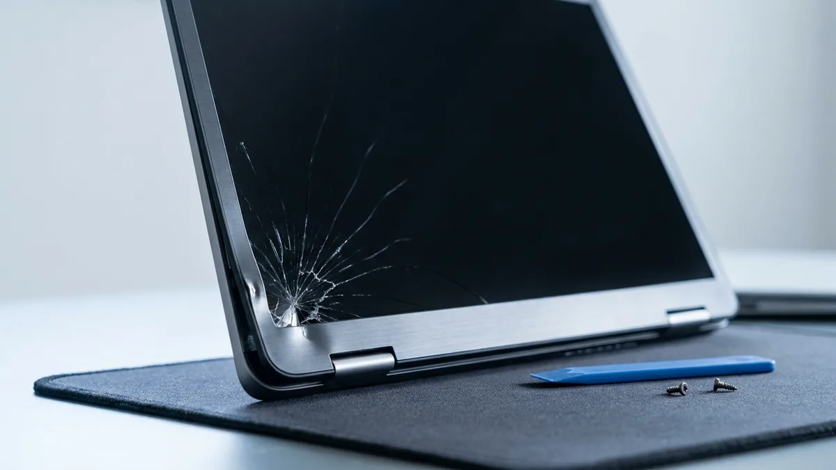 A close-up of a laptop's dark, switched-off display panel with a hard impact crack radiating from one corner in fine spider-web lines, and a plastic pry tool and two screws on the mat below.