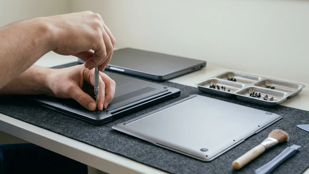 Bare hands drive a precision screwdriver into a corner screw on an opened laptop, with the removed bottom cover lying blank and unmarked beside it, every extracted screw sorted by size in a four-compartment metal tray, and a brush and pry tool alongside.